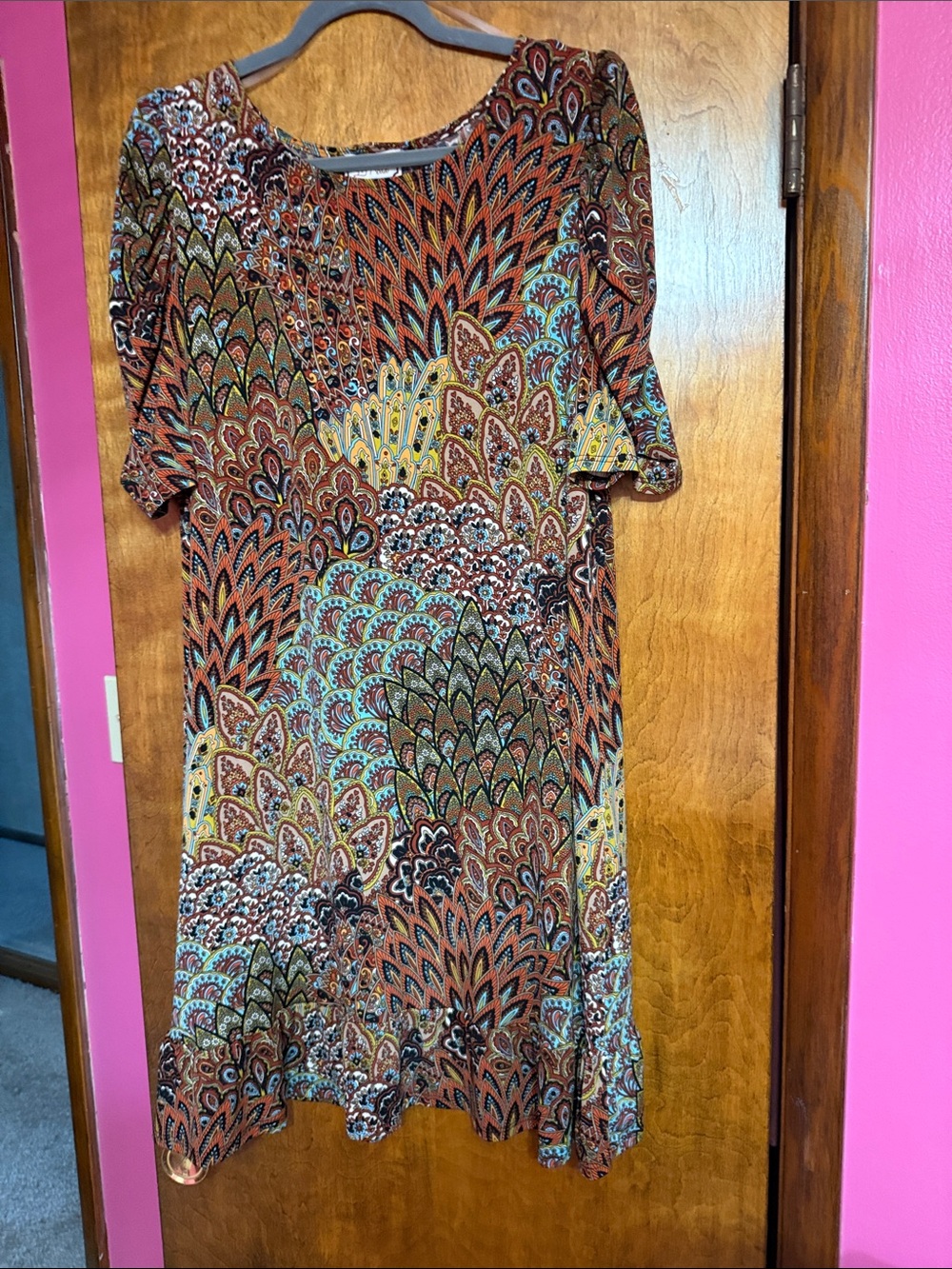 Women's Printed Midi Dress in Multi Orange & Teal